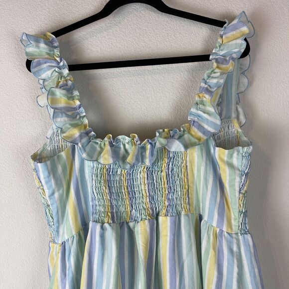 Dondolo Sam Linen Blend Dress Womens XXL Striped Smocked Ruffle Boho Peasant NEW - Picture 13 of 15